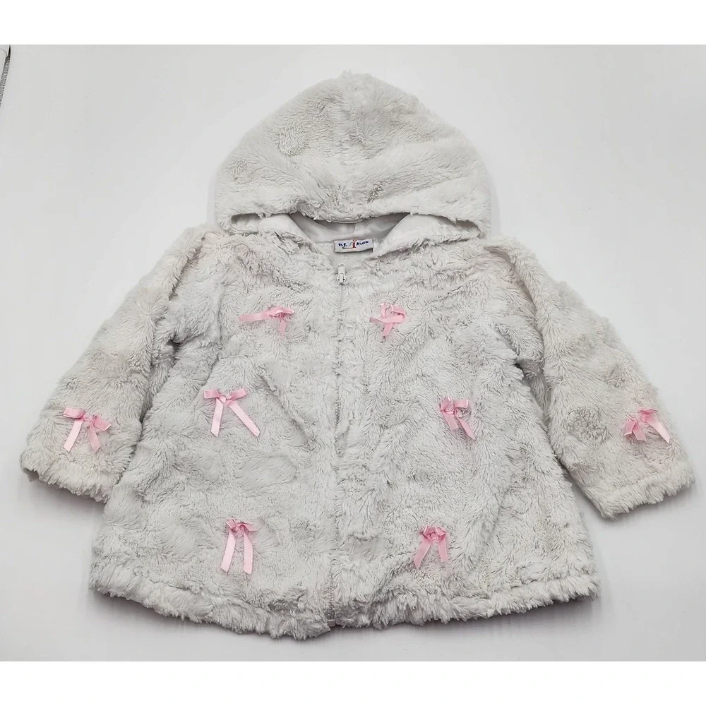 BT Kids Baby Togs Girls Gray Faux Fur Hooded Jacket Coat with Pink Bows Size 24M